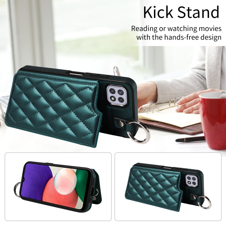 For Samsung Galaxy A22 5G Rhombic Texture Card Bag Phone Case with Short Lanyard