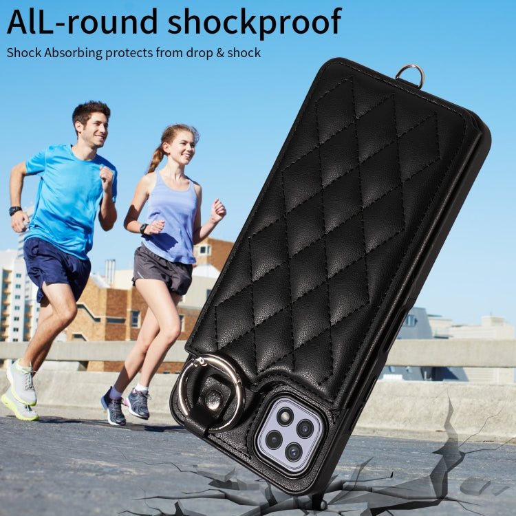 For Samsung Galaxy A22 5G Rhombic Texture Card Bag Phone Case with Short Lanyard