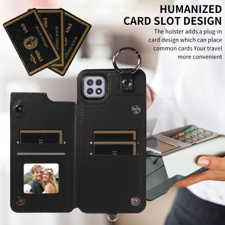 For Samsung Galaxy A22 5G Rhombic Texture Card Bag Phone Case with Short Lanyard