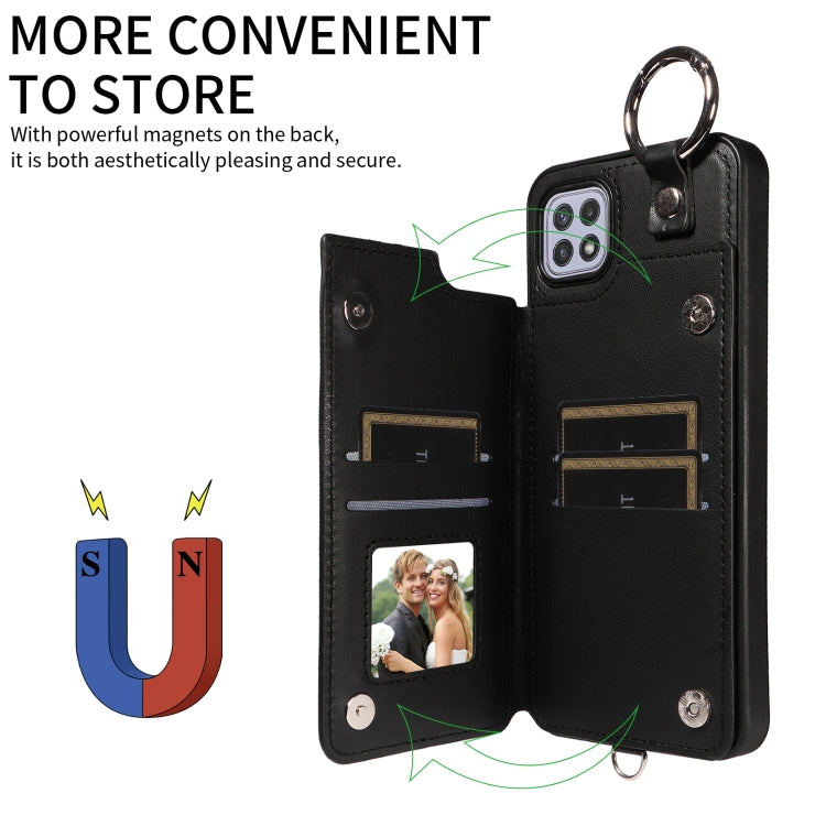 For Samsung Galaxy A22 5G Rhombic Texture Card Bag Phone Case with Short Lanyard