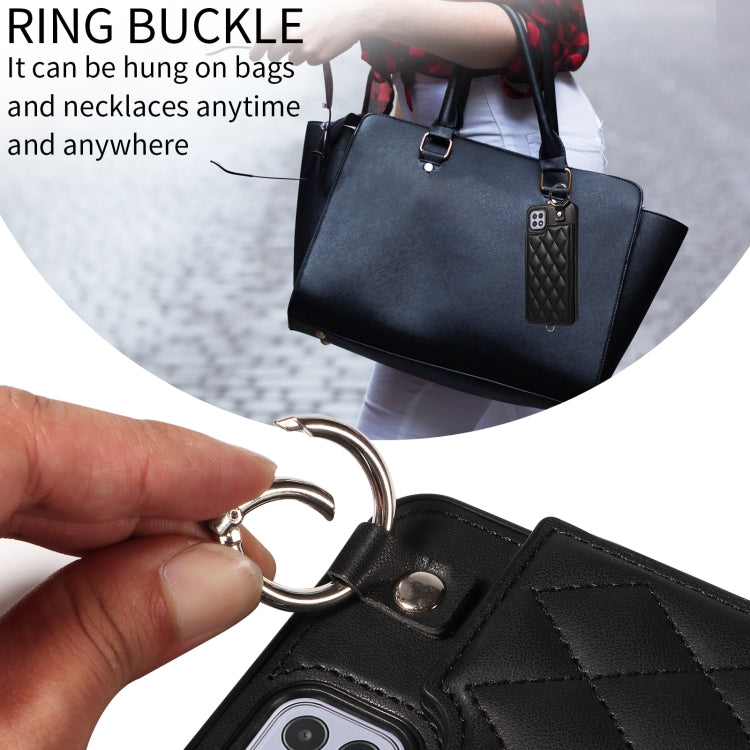 For Samsung Galaxy A22 5G Rhombic Texture Card Bag Phone Case with Short Lanyard