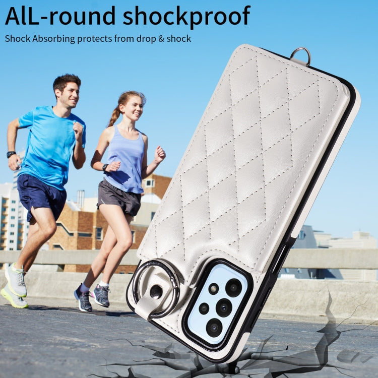 For Samsung Galaxy A23 Rhombic Texture Card Bag Phone Case with Short Lanyard