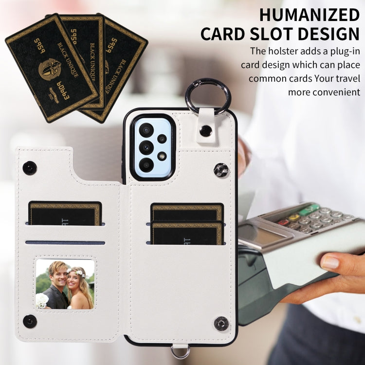 For Samsung Galaxy A23 Rhombic Texture Card Bag Phone Case with Short Lanyard