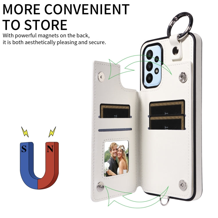 For Samsung Galaxy A23 Rhombic Texture Card Bag Phone Case with Short Lanyard