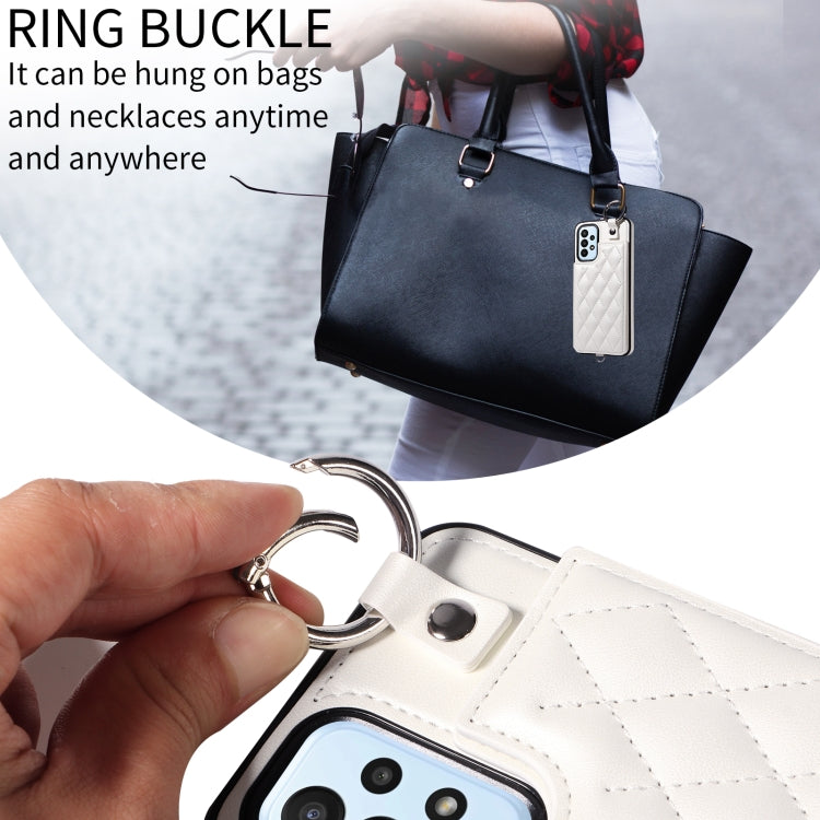 For Samsung Galaxy A23 Rhombic Texture Card Bag Phone Case with Short Lanyard