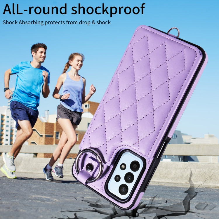 For Samsung Galaxy A23 Rhombic Texture Card Bag Phone Case with Short Lanyard