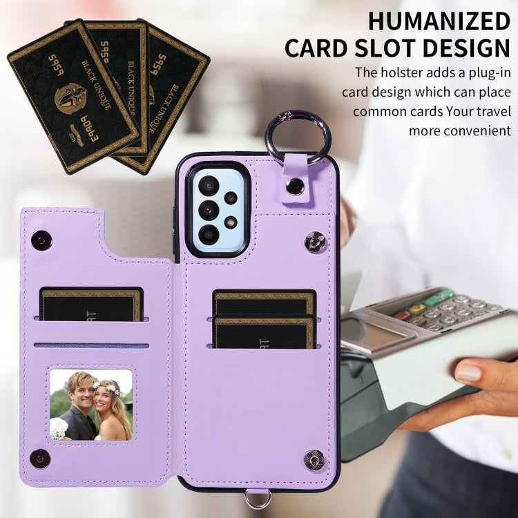 For Samsung Galaxy A23 Rhombic Texture Card Bag Phone Case with Short Lanyard