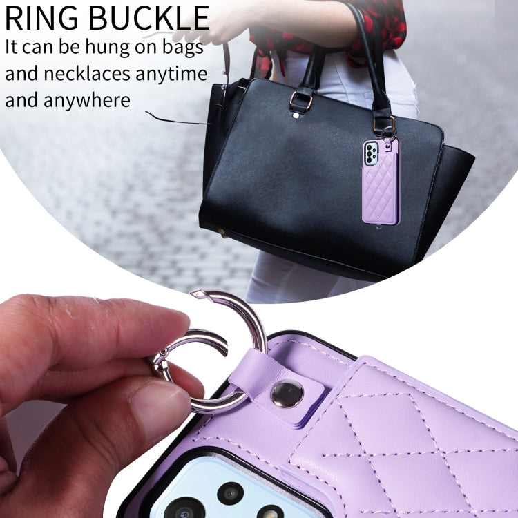 For Samsung Galaxy A23 Rhombic Texture Card Bag Phone Case with Short Lanyard