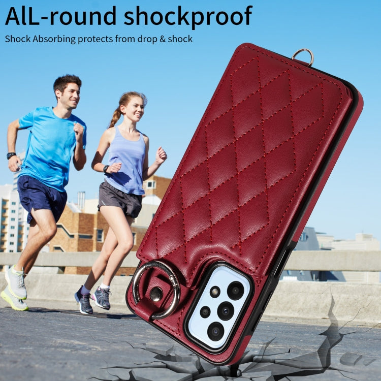 For Samsung Galaxy A23 Rhombic Texture Card Bag Phone Case with Short Lanyard