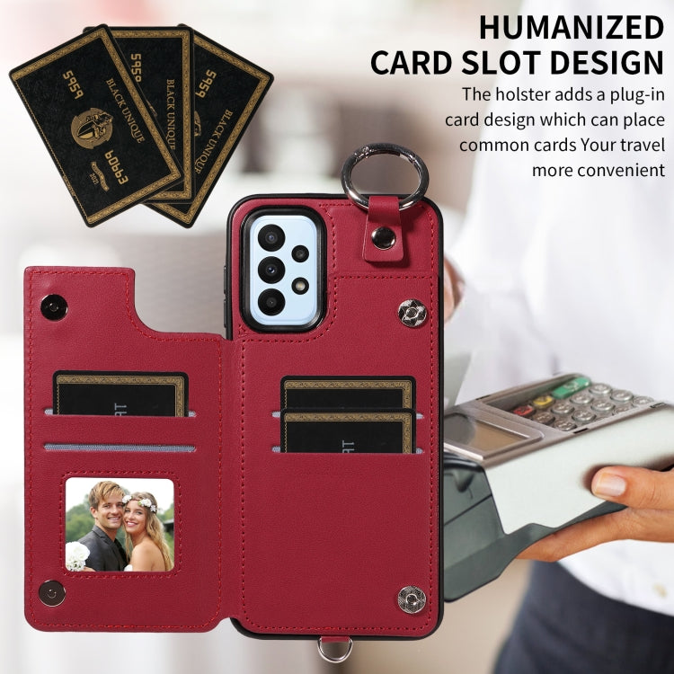 For Samsung Galaxy A23 Rhombic Texture Card Bag Phone Case with Short Lanyard