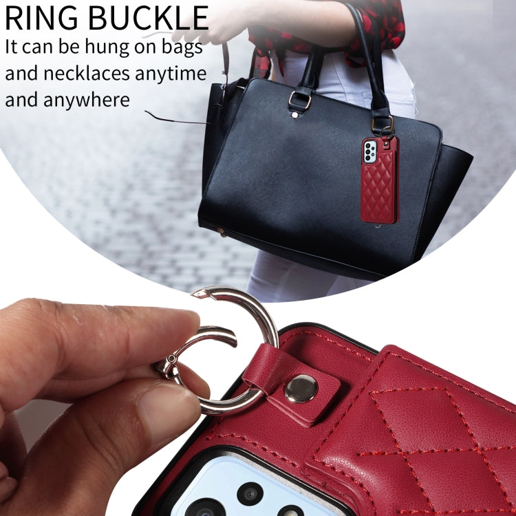 For Samsung Galaxy A23 Rhombic Texture Card Bag Phone Case with Short Lanyard