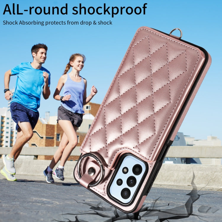 For Samsung Galaxy A23 Rhombic Texture Card Bag Phone Case with Short Lanyard