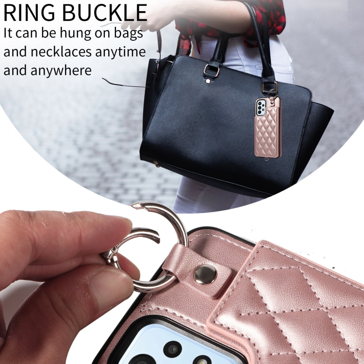 For Samsung Galaxy A23 Rhombic Texture Card Bag Phone Case with Short Lanyard