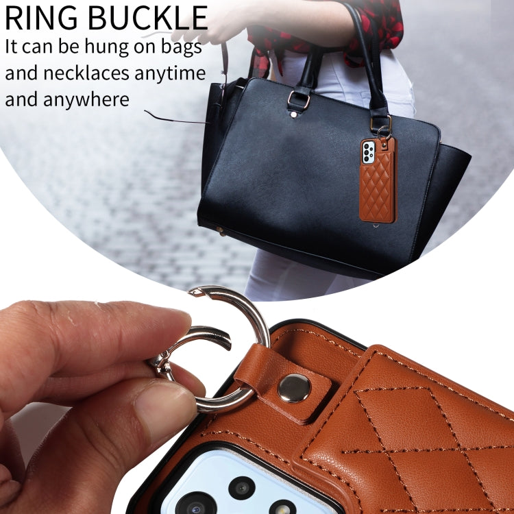 For Samsung Galaxy A23 Rhombic Texture Card Bag Phone Case with Short Lanyard