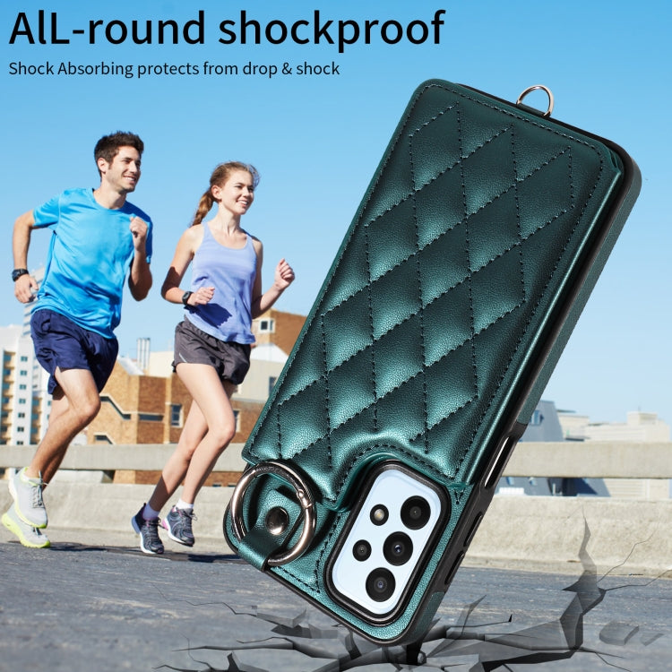 For Samsung Galaxy A23 Rhombic Texture Card Bag Phone Case with Short Lanyard