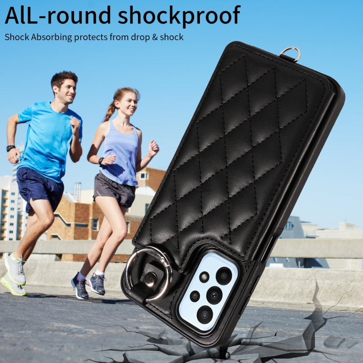 For Samsung Galaxy A23 Rhombic Texture Card Bag Phone Case with Short Lanyard