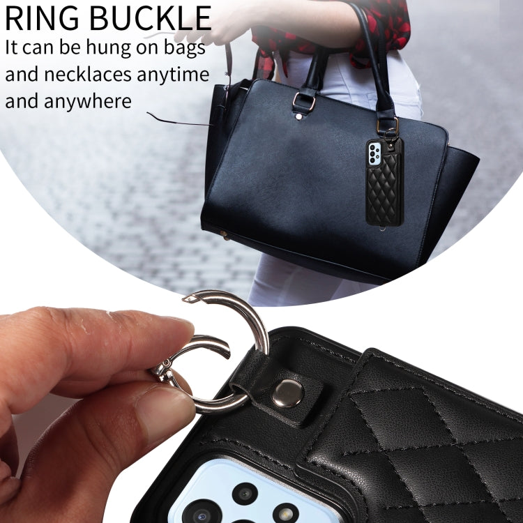 For Samsung Galaxy A23 Rhombic Texture Card Bag Phone Case with Short Lanyard