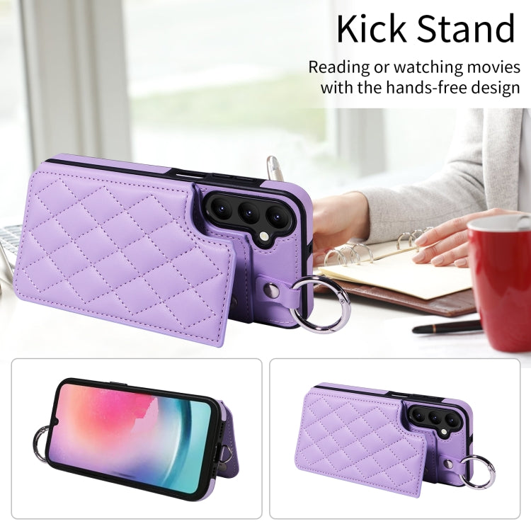 For Samsung Galaxy A24 4G Rhombic Texture Card Bag Phone Case with Short Lanyard