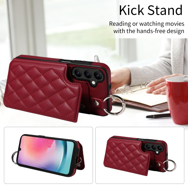 For Samsung Galaxy A24 4G Rhombic Texture Card Bag Phone Case with Short Lanyard