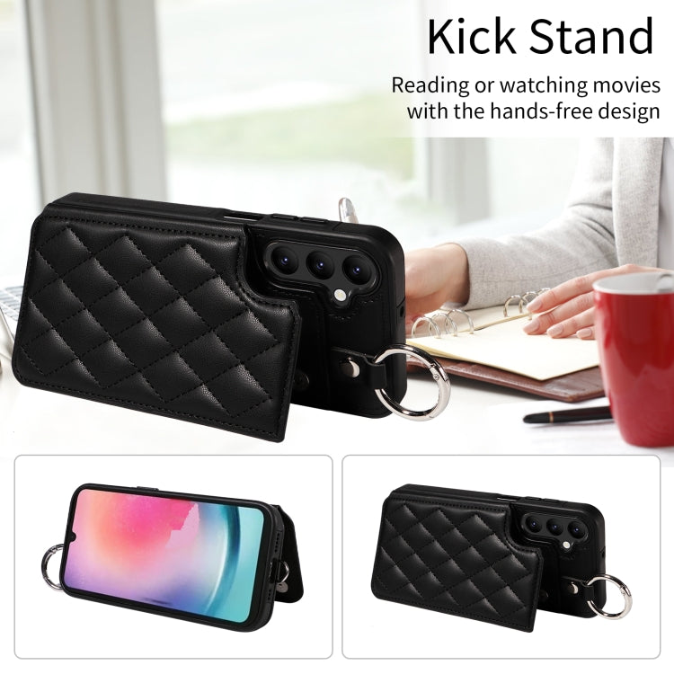 For Samsung Galaxy A24 4G Rhombic Texture Card Bag Phone Case with Short Lanyard