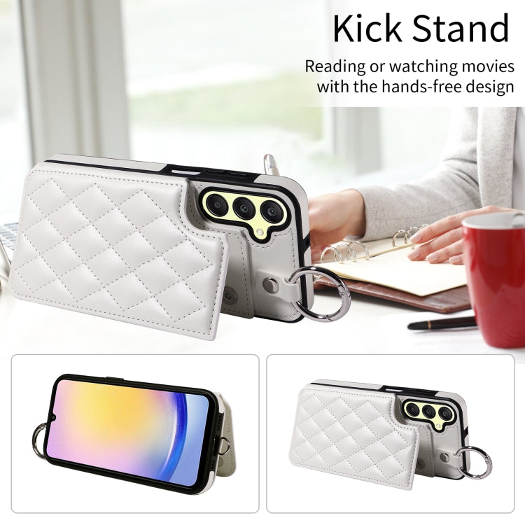 For Samsung Galaxy A25 5G Global Rhombic Texture Card Bag Phone Case with Short Lanyard