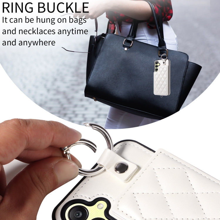 For Samsung Galaxy A25 5G Global Rhombic Texture Card Bag Phone Case with Short Lanyard