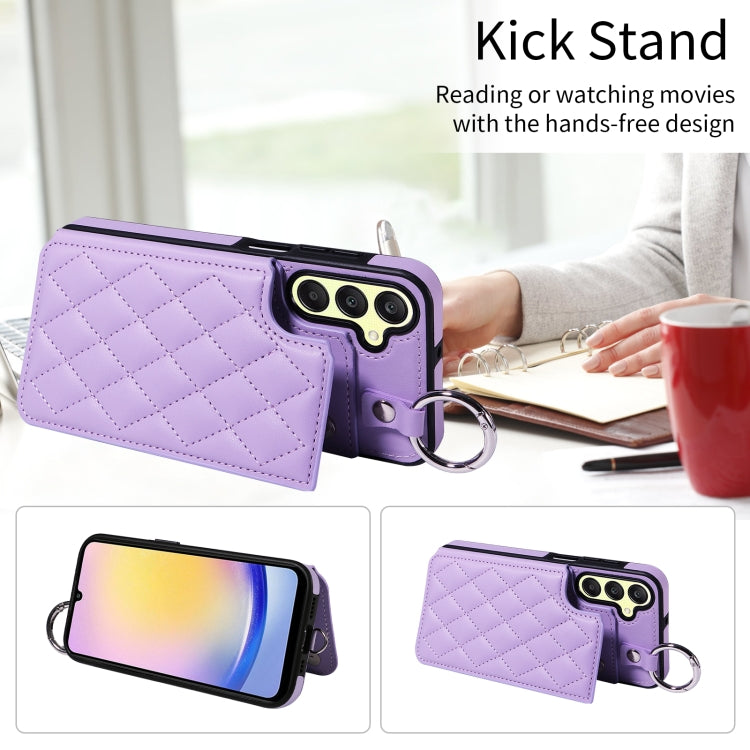 For Samsung Galaxy A25 5G Global Rhombic Texture Card Bag Phone Case with Short Lanyard