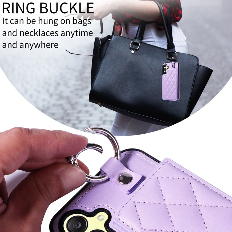 For Samsung Galaxy A25 5G Global Rhombic Texture Card Bag Phone Case with Short Lanyard