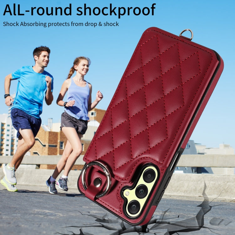For Samsung Galaxy A25 5G Global Rhombic Texture Card Bag Phone Case with Short Lanyard