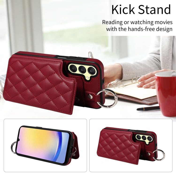For Samsung Galaxy A25 5G Global Rhombic Texture Card Bag Phone Case with Short Lanyard