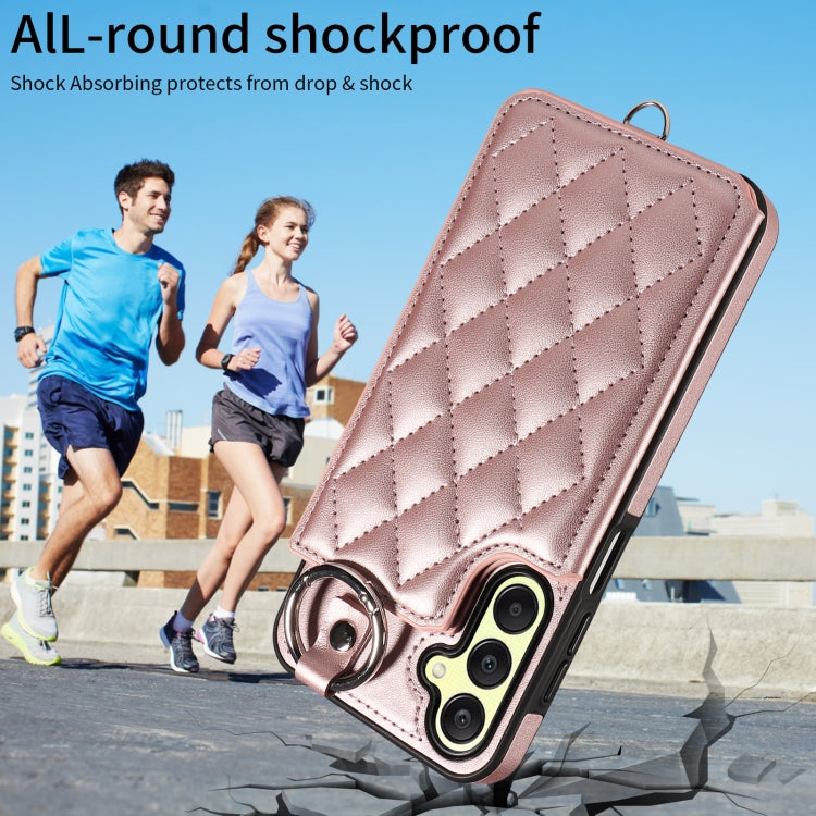 For Samsung Galaxy A25 5G Global Rhombic Texture Card Bag Phone Case with Short Lanyard