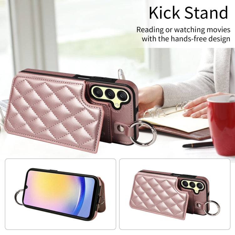 For Samsung Galaxy A25 5G Global Rhombic Texture Card Bag Phone Case with Short Lanyard