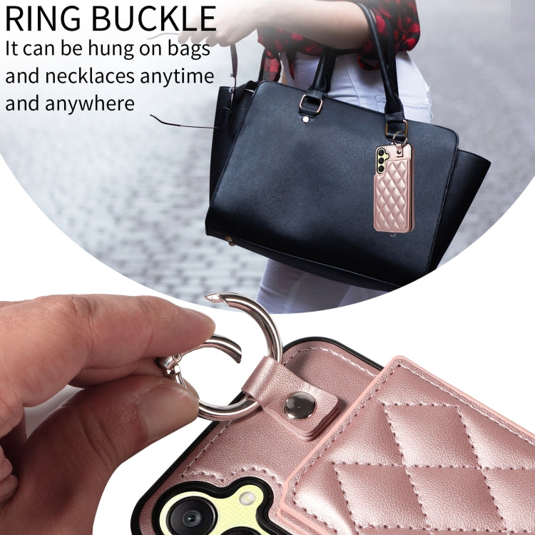 For Samsung Galaxy A25 5G Global Rhombic Texture Card Bag Phone Case with Short Lanyard
