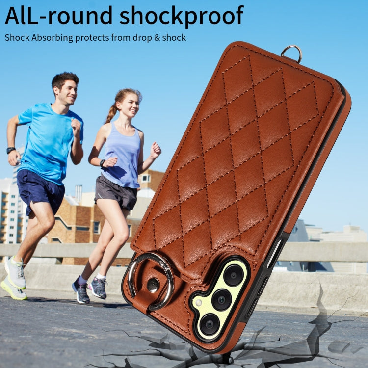For Samsung Galaxy A25 5G Global Rhombic Texture Card Bag Phone Case with Short Lanyard