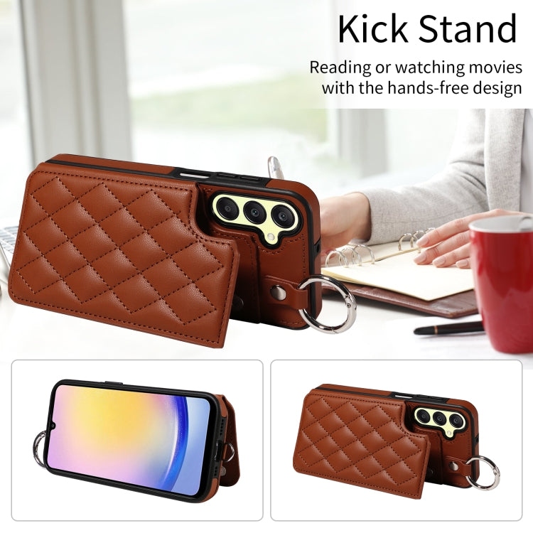 For Samsung Galaxy A25 5G Global Rhombic Texture Card Bag Phone Case with Short Lanyard