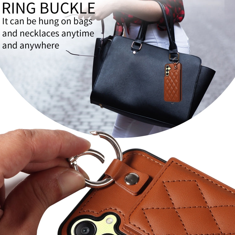 For Samsung Galaxy A25 5G Global Rhombic Texture Card Bag Phone Case with Short Lanyard