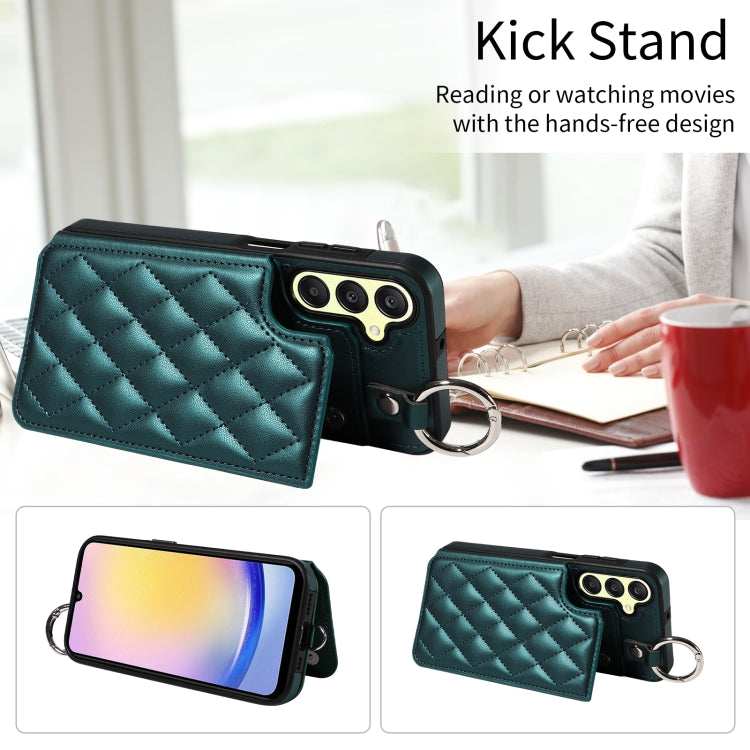 For Samsung Galaxy A25 5G Global Rhombic Texture Card Bag Phone Case with Short Lanyard