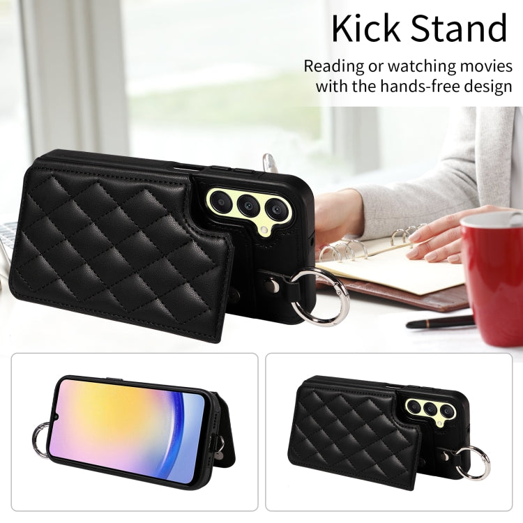 For Samsung Galaxy A25 5G Global Rhombic Texture Card Bag Phone Case with Short Lanyard