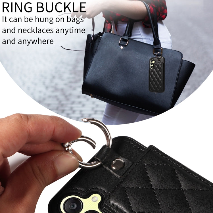 For Samsung Galaxy A25 5G Global Rhombic Texture Card Bag Phone Case with Short Lanyard