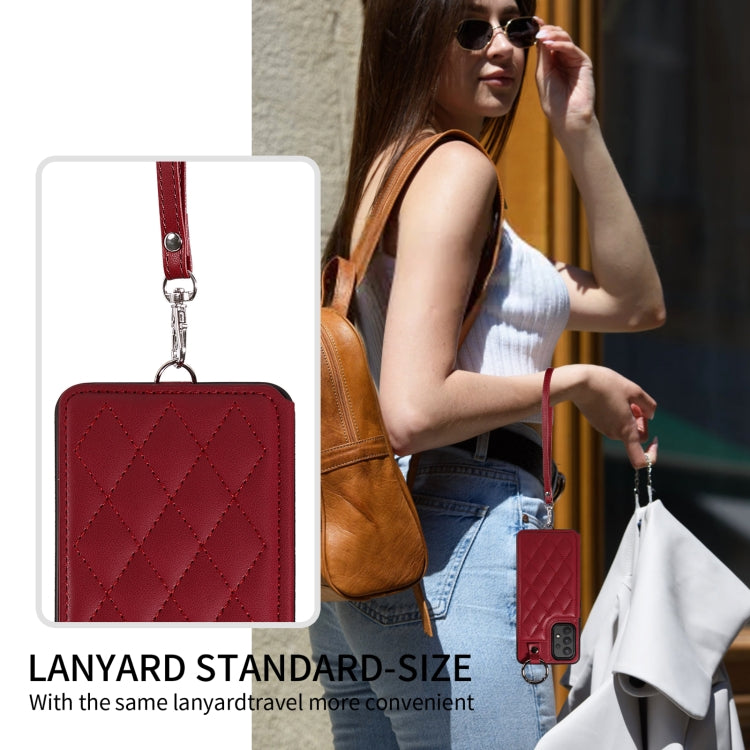 For Samsung Galaxy A32 4G Rhombic Texture Card Bag Phone Case with Short Lanyard