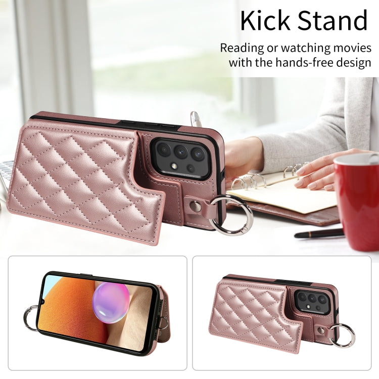 For Samsung Galaxy A32 4G Rhombic Texture Card Bag Phone Case with Short Lanyard