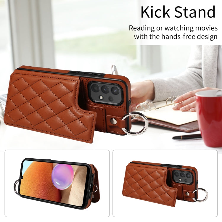 For Samsung Galaxy A32 4G Rhombic Texture Card Bag Phone Case with Short Lanyard