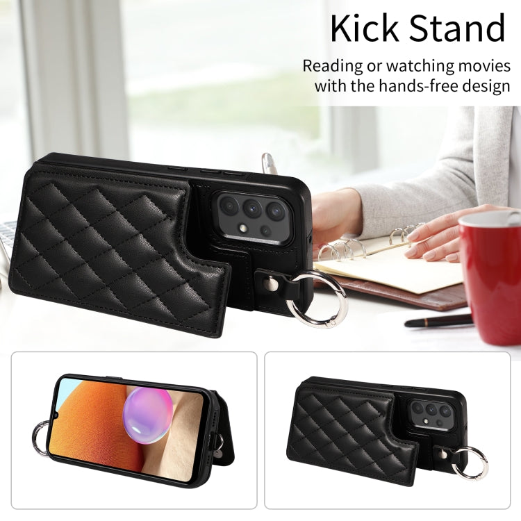 For Samsung Galaxy A32 4G Rhombic Texture Card Bag Phone Case with Short Lanyard
