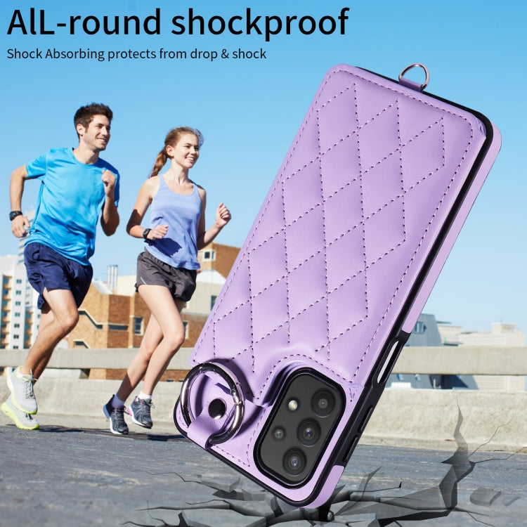 For Samsung Galaxy A32 5G Rhombic Texture Card Bag Phone Case with Short Lanyard