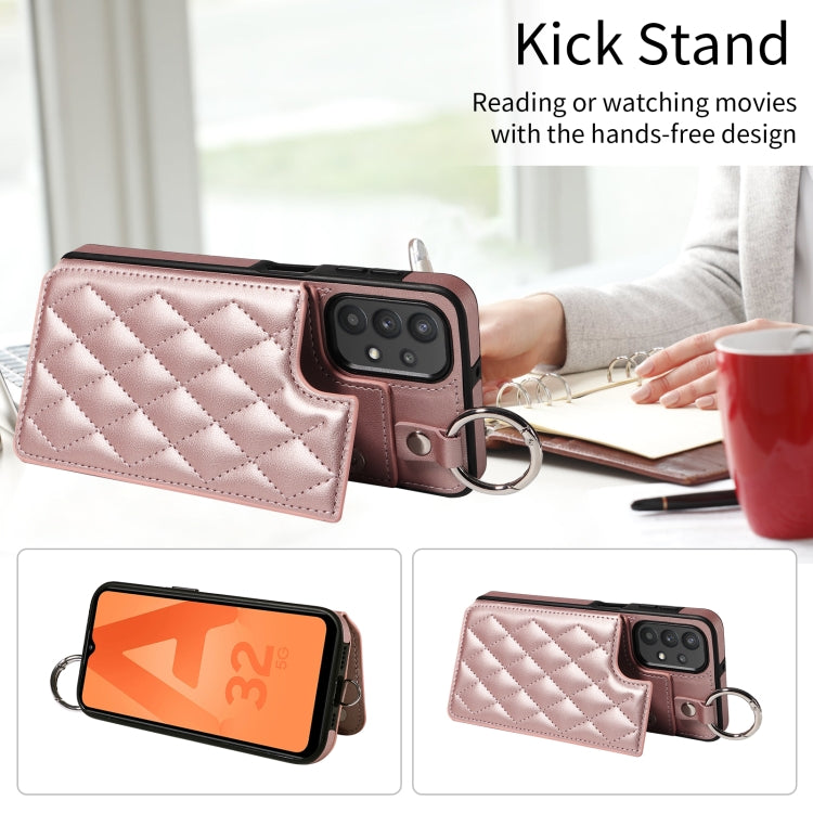 For Samsung Galaxy A32 5G Rhombic Texture Card Bag Phone Case with Short Lanyard