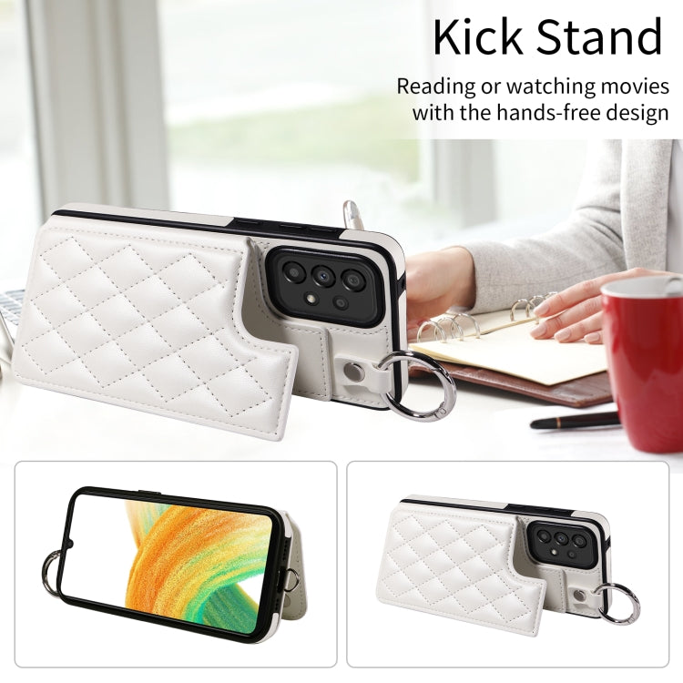For Samsung Galaxy A33 5G Rhombic Texture Card Bag Phone Case with Short Lanyard