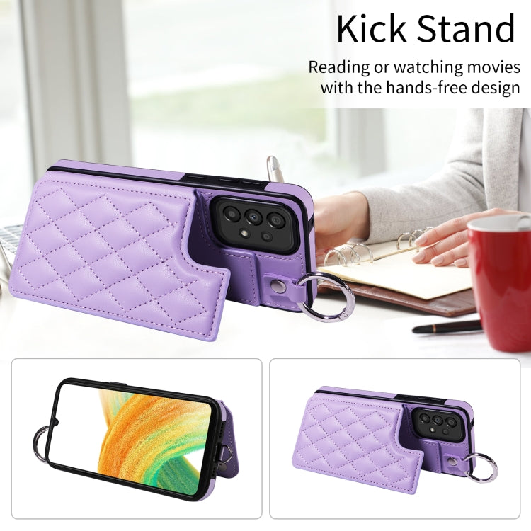 For Samsung Galaxy A33 5G Rhombic Texture Card Bag Phone Case with Short Lanyard