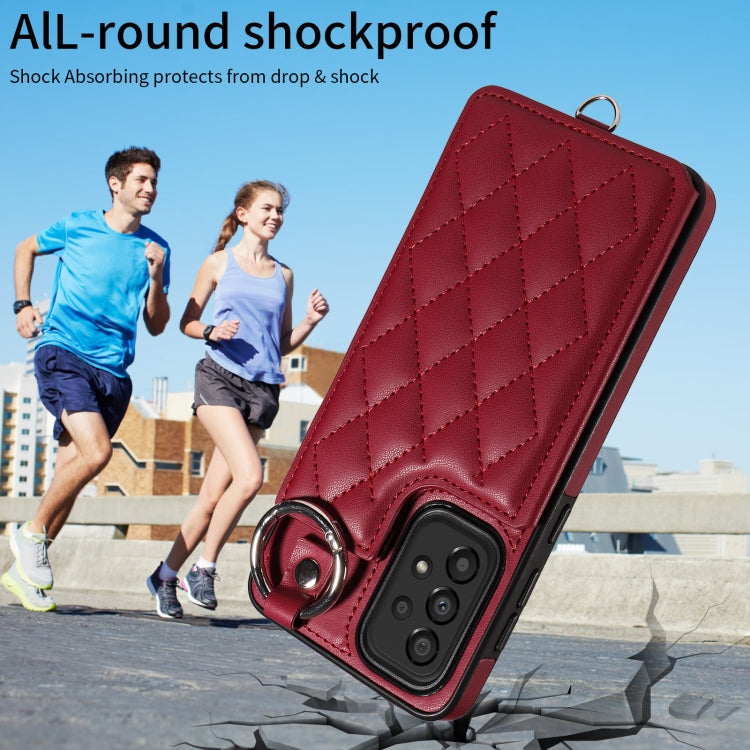 For Samsung Galaxy A33 5G Rhombic Texture Card Bag Phone Case with Short Lanyard