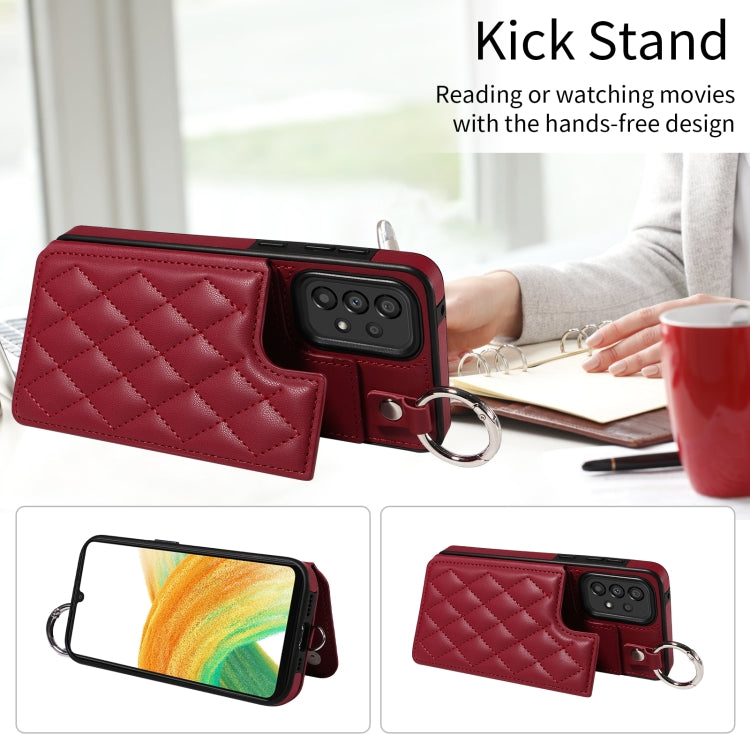 For Samsung Galaxy A33 5G Rhombic Texture Card Bag Phone Case with Short Lanyard