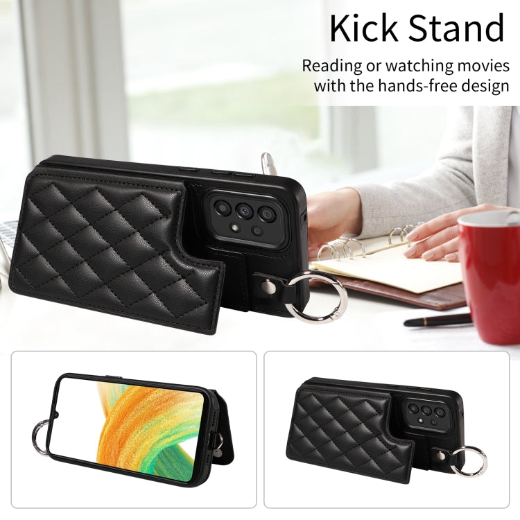 For Samsung Galaxy A33 5G Rhombic Texture Card Bag Phone Case with Short Lanyard